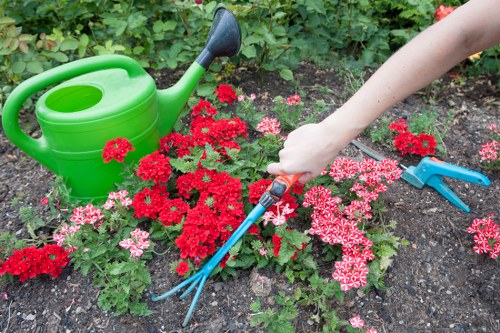 A garden scene featuring a small flower bed with vibrant red and pink flowering plants, bordered by dark, moist soil, and a green plastic watering can resting among the plants. A person's hand, partially visible, is seen holding a pair of garden hand tools, including a rake, working near the plants. The background shows lush green foliage and leafy plants, indicating a well-maintained outdoor garden area. This setting reflects typical gardening and lawn care activities supporting professional landscape maintenance in Canary Wharf.
