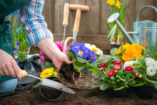 A gardener is planting brightly coloured flowers, including purple, yellow, and red blossoms, into dark, rich soil within a garden bed. The scene shows a section of a landscaped backyard with a wooden fence in the background. The gardener's hands are visible, holding a potted flower with exposed roots, while a small hand trowel is used to assist with planting. Surrounding the planting area are various garden tools, including a watering can and additional pots containing mature flowering plants. The garden features a mix of cultivated flower beds with blooming flowers and tidy soil areas prepared for planting. The environment appears well-maintained, with natural lighting suggesting a clear, sunny day. The setting reflects professional gardening and landscaping practices common in the Canary Wharf area, emphasizing careful bed preparation and colour arrangement suitable for outdoor space enhancement. Landscapers Canary Wharf may utilize such planting activities as part of their garden maintenance and design services to improve local outdoor environments.