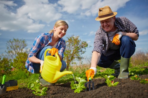 In an outdoor garden setting, a young woman and an older man are engaged in gardening activities, tending to a neatly maintained vegetable patch with small, leafy green plants arranged in straight rows. The woman, dressed in a blue checkered shirt and orange gardening gloves, is smiling as she holds a yellow watering can, watering the plants. The man, wearing a straw hat, a plaid shirt, and green rubber boots, is kneeling on the soil, using a small hand tool to work on the soil around the plants. The garden area features dark, fertile soil with a few garden tools visible nearby, and a backdrop of lush green hedge and trees under partly cloudy skies, suggesting a pleasant day for outdoor gardening. The scene demonstrates an organized, well-cared-for outdoor space suitable for gardening services, with a focus on vegetable cultivation and landscape maintenance typical of the Canary Wharf area. This image illustrates professional gardening and landscaping efforts to maintain and enhance residential or community garden environments in London.